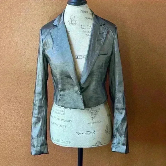 House Of Harlowe 1960 Dark Silver Fitted And Cropped Jacket Medium EUC! - Picture 2 of 10